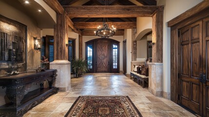 Obraz premium Elegant entry hall with timber beams, contemporary furnishings, and a grand wooden door, reflecting rustic charm and modern luxury.