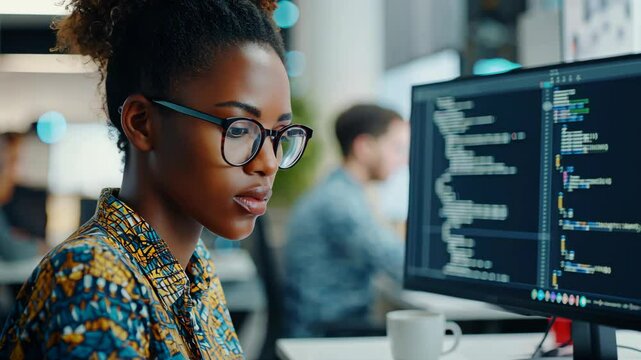Focused software developer analyzing code on dual screens in modern office environment