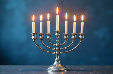Fototapeta premium Jewish Hanukkah Menorah 7 Branch Candlestick. Holiday Candle Holder. Seven-arm candlestick. Traditional Hebrew Festival of Lights candelabra. Banner with copy space