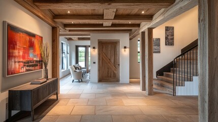 Fototapeta premium Entrance hall featuring a blend of modern chic and rustic aesthetics, with timber beams and a solid wood door as focal points.