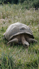 Fototapeta premium Large tortoise is laying in the grass