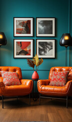 Teal Wall Orange Leather Armchairs Abstract Art Prints