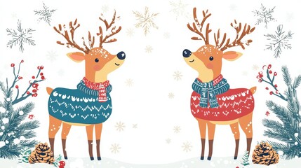 Playful cartoon reindeer in colorful sweaters and scarves surrounded by snowflakes and pine cones