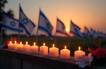 The flag of Israel and burning candles in the foreground. Israel's Independence Day. Patriotic holiday. Memorial Day - Yom Hazikaron. The concept of the holiday Yom Ha'atzmaut. Horizontal banner. Copy