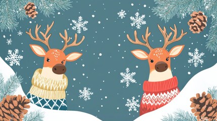 Playful cartoon reindeer in colorful sweaters and scarves surrounded by snowflakes and pine cones