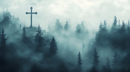 Obraz premium Dual exposure of a Christian cross combined with a forest shrouded in morning mist, the cross blending seamlessly with the tree silhouettes, soft fog rolling across the scene,