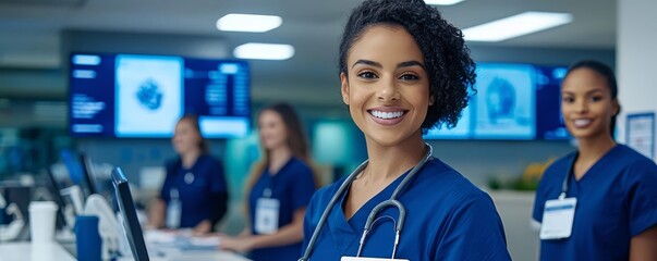 A confident healthcare professional smiles at the camera, showcasing teamwork in a modern medical environment with advanced technology and caring colleagues.