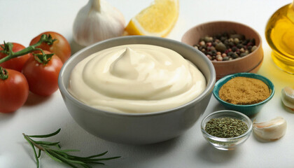Tasty mayonnaise sauce in bowl, ingredients and spices on white table, closeup. ai generated