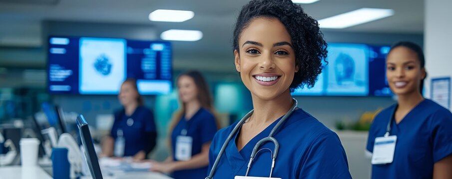 A confident healthcare professional smiles at the camera, showcasing teamwork in a modern medical environment with advanced technology and caring colleagues. - Powered by Adobe