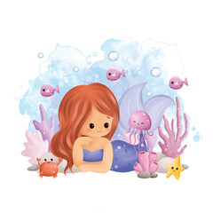 Watercolor Illustration Cute Mermaid and Fish with Coral in Deep Ocean
