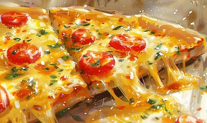 A whimsical and colorful illustration features a woman joyfully extracting a gooey slice of pizza from a washing machine, blending everyday chores with a humorous twist