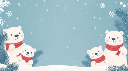 Winter frame design with cartoon polar bears and snowflakes on soft blue background