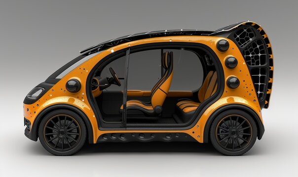 This unique electric car reflects creativity in sustainable design, showcasing colorful solar panels shaped like pizza slices on its roof, promoting renewable energy solutions for a brighter future