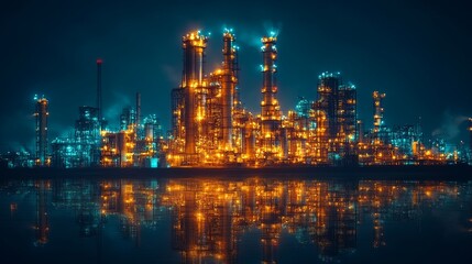 Fototapeta premium Industrial transformation urban landscape nighttime photography sustainability focus reflective water view innovative technologies