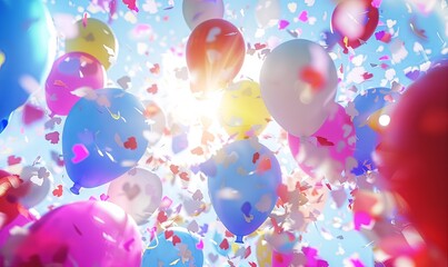 Bursting with energy, bright balloons and colorful confetti dance through the air, embodying a lively celebration. This enchanting watercolor artwork radiates happiness and festivity