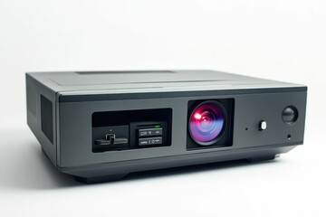 Fototapeta premium Black projector with red lens on white background.