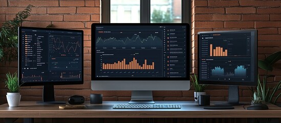 A modern workspace with multiple monitors displaying data analytics and graphs.