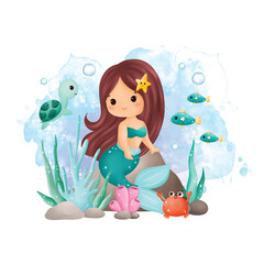 Watercolor Illustration Cute Mermaid and Sea Animals with Coral in Deep Ocean