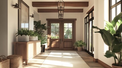 Spacious and elegant entry hall with timber beams, a large wooden door, and stylish decor for a modern farmhouse ambiance.