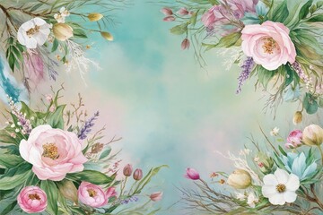 Obraz premium Dreamy Spring Floral Watercolor Background with Ethereal Colors and Natural Elements