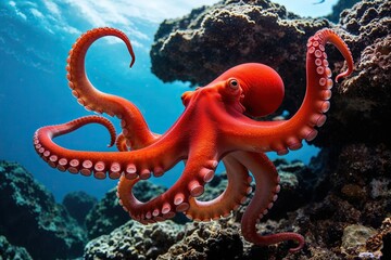 Red Octopus Swimming Alone with Tentacles in Tropical Ocean