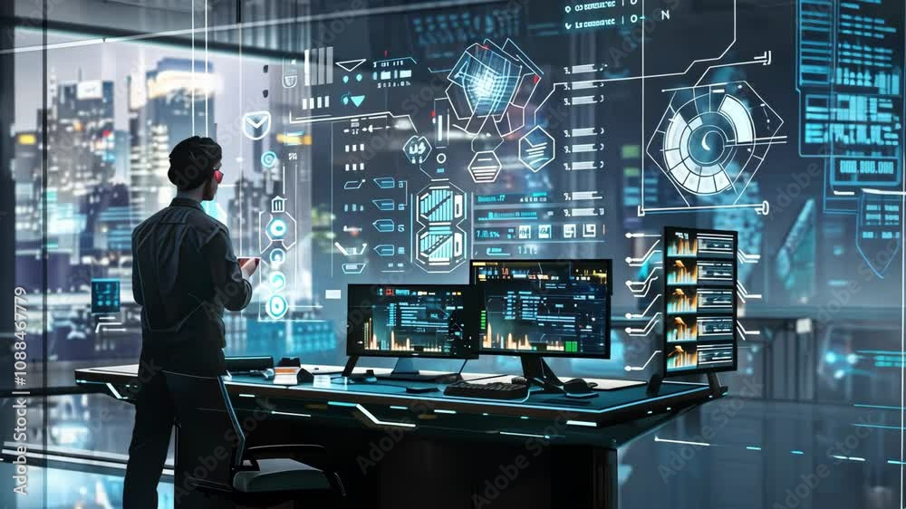 Aufkleber a person interacts with futuristic digital interfaces in a modern office. the setting showcases vibr
