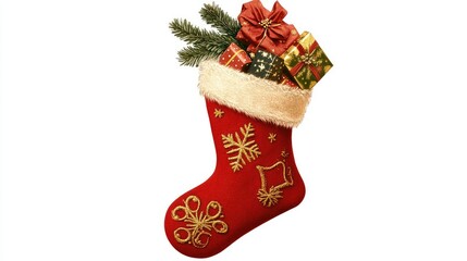 Festive Christmas Stocking Filled with Colorful Presents, Pine Branch, and Red Bow, Perfect for Winter Holiday Celebrations and Family Traditions
