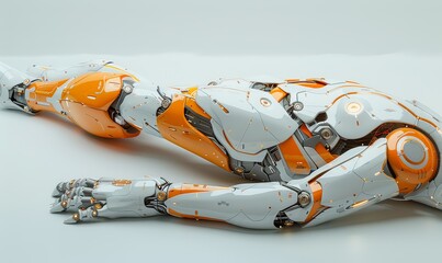 The artwork highlights a modern prosthetic leg featuring sleek lines and advanced engineering, symbolizing adaptability and strength against challenges in a soft watercolor style