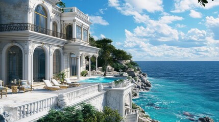 Seaside mansion with spacious terrace, white stone, turquoise ocean backdrop