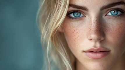 Studio portrait of a blonde woman, characterized by her piercing blue eyes, exuding confidence and elegance. This captivating portrait highlights her unique features with ample copy space.