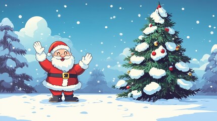 Obraz premium Joyful Santa Claus Celebrating Christmas with a Snowy Tree in a Winter Wonderland, Spreading Holiday Cheer in a Festive Atmosphere, Perfect for Seasonal Decorations