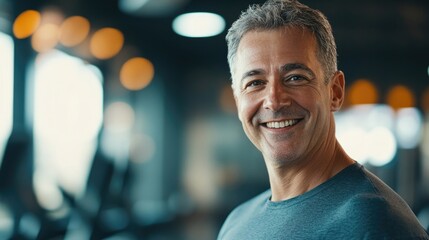 Obraz premium Smiling mature man exercising at the gym, embodying fitness and vitality. This photo captures a cheerful atmosphere with ample space for text or branding elements.