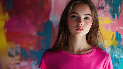 Fototapeta premium Portrait of a beautiful young brunette girl wearing a pink shirt, captured in a vibrant setting with ample space for text and design elements in the composition.