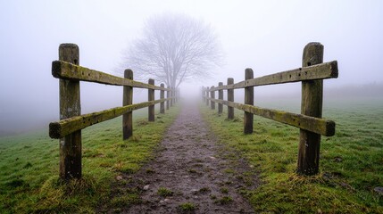 Foggy pathway through nature tranquil landscape serene environment mysterious view