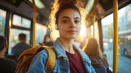 Young woman wearing denim jacket and yellow backpack smiling on public bus during golden hour, curly hair backlit by sunset, wireless earbuds visible, other passengers in background.