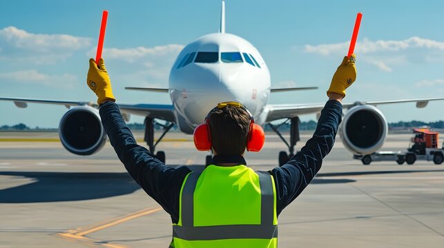Ground crew member in safety vest and ear protection directing commercial aircraft on runway using signal wands, passenger plane with twin engines visible from front view on sunny day.