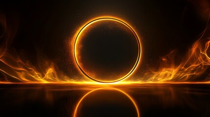 Glowing fiery ring surrounded by flames, symbolizing energy, eternity, and power in a dramatic dark setting