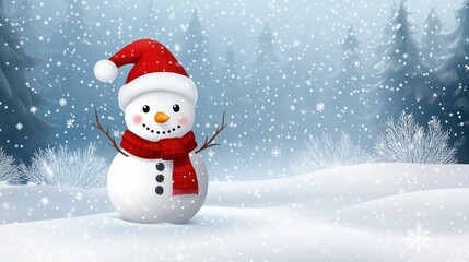 Merry christmas and happy new year greeting card .Happy snowman standing in winter christmas landscape. Snow background