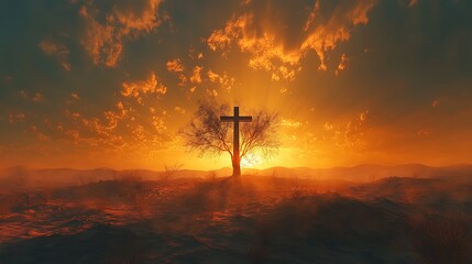Dual exposure of a Christian cross merged with a vast desert landscape, the silhouette of a lone tree standing against a golden sunset, soft sand dunes blending into the cross,