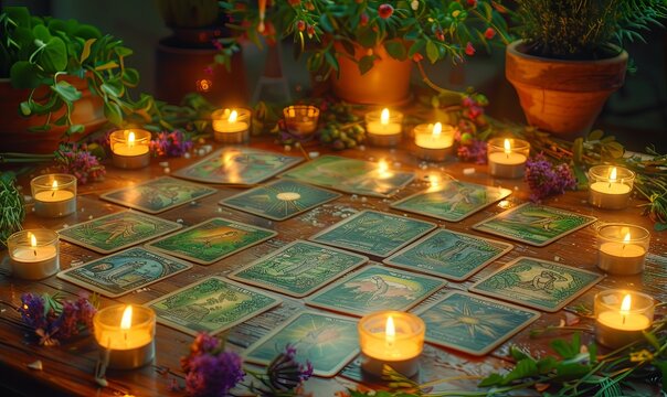 Crafted tarot cards elegantly arrange on a wooden table, surrounded by softly glowing candles. An empty space invites thoughtful reflections and personal insights, embracing tranquil divination