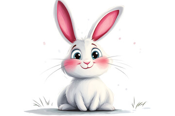 Fototapeta premium A cute, cartoon-style rabbit with big eyes and pink ears, sitting on grass.