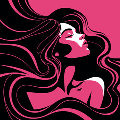 A bold and striking digital illustration of a woman's face in profile, with her eyes closed and her mouth slightly open. She has long, flowing hair with swirls and curves.