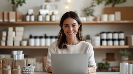Fototapeta premium Young woman in white sweater smiling while working on laptop in retail shop, wooden shelves displaying white product containers in background, minimalist beauty store interior.