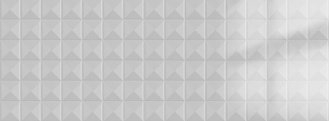 Geometric white mosaic with raised pyramid patterns. Clean minimalist tile design. Elegant surface texture. Modern pool covering. Seamless repeating squares of bathroom or kitchen wall decoration.