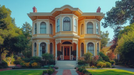 Elegant Victorian-style house surrounded by lush gardens.