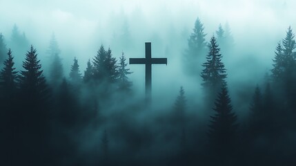 Silhouette of a Christian cross combined with a misty forest scene, tall pine trees blending into the cross outline, morning fog enveloping the landscape, ethereal and tranquil mood,
