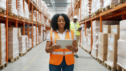 Female warehouse worker using tablet with augmented reality