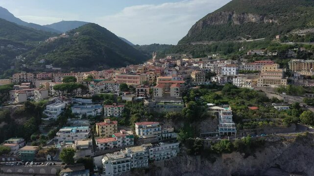 Aerial view of the sea, promenade and central part of the town of Vietri sul Mare on a sunny summer day, Raite, Salerno, Italy
