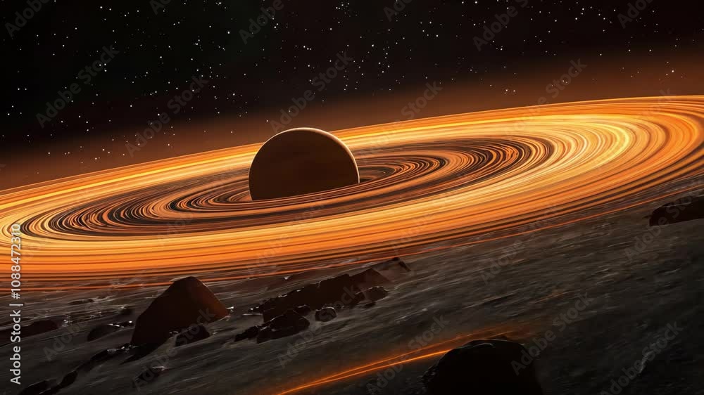 Poster A stunning display of a planetary system featuring vibrant rings and celestial objects set against a backdrop of distant stars. Observe the beauty of the cosmos in motion.