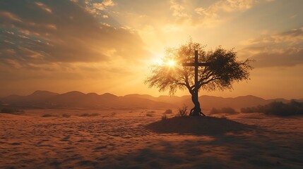 Silhouette of a Christian cross intertwined with a barren desert and a solitary tree, the tree&rsquo;s branches forming part of the cross outline, soft golden light casting long shadows on the sand,
